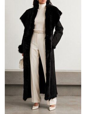 Reversible Genuine Shearling Sheepskin Coat Black Long Fur Winter Jacket L